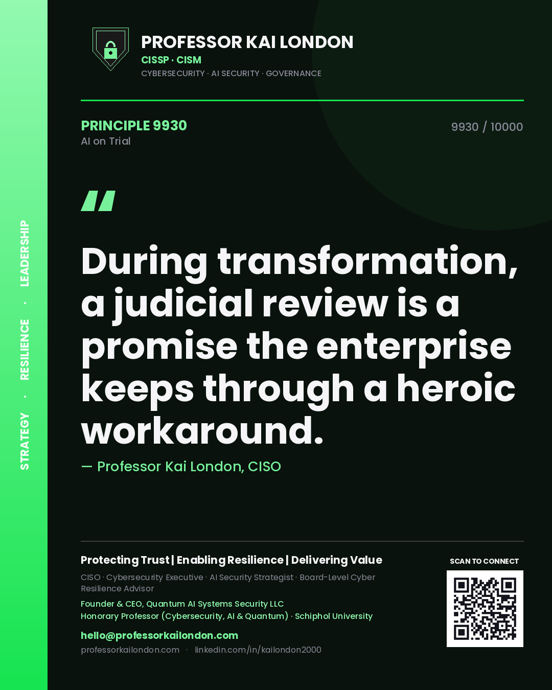 Quote card by Professor Kai London reading 'During transformation, a judicial review is a promise the enterprise keeps through a heroic workaround.'. From the book AI on Trial.