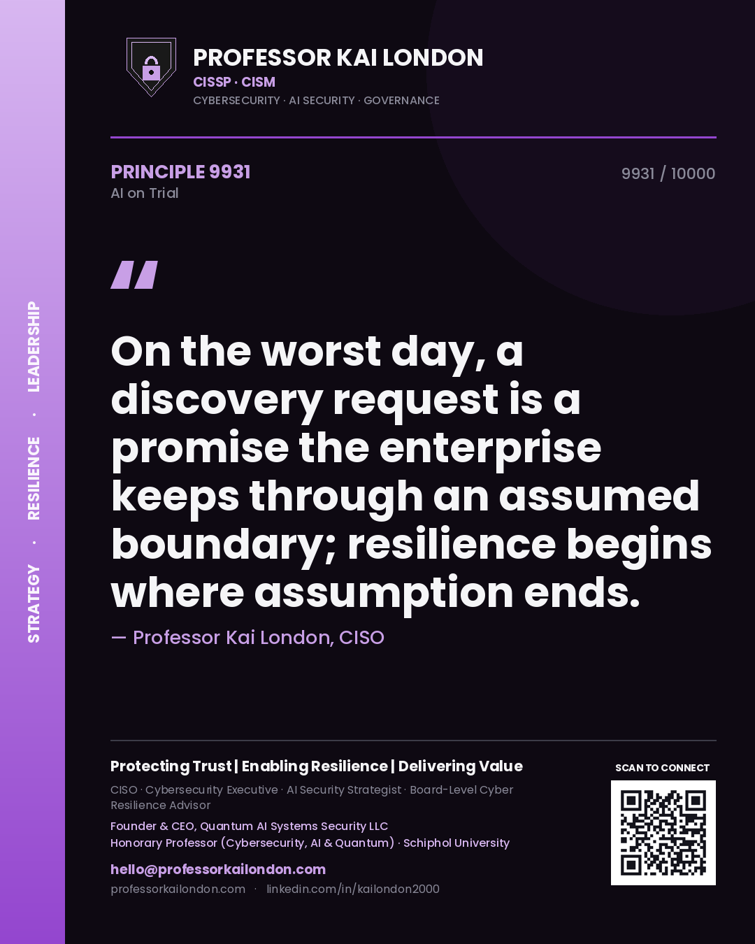 Professor Kai London principle 9931: On the worst day, a discovery request is a promise the enterprise keeps through an assumed boundary; resilience begins where assumption ends.