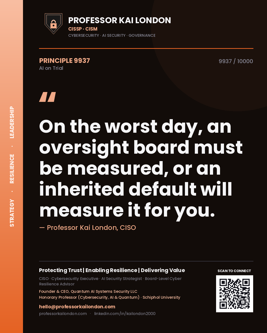 Quote card by Professor Kai London reading 'On the worst day, an oversight board must be measured, or an inherited default will measure it for you.'. From the book AI on Trial.
