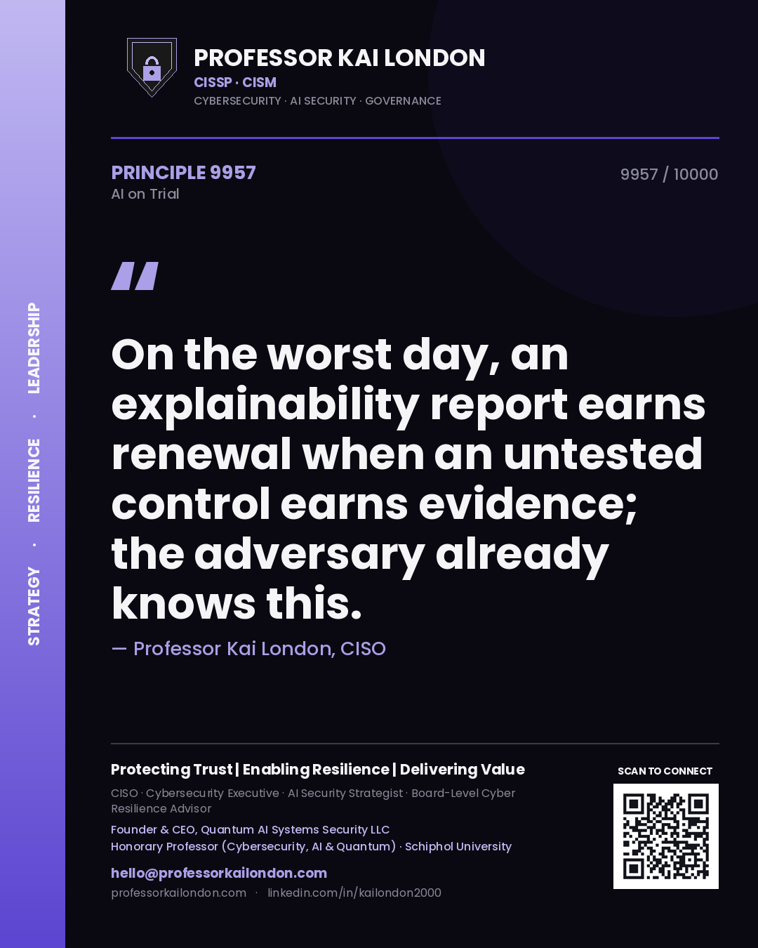 Professor Kai London principle 9957: On the worst day, an explainability report earns renewal when an untested control earns evidence; the adversary already knows this.