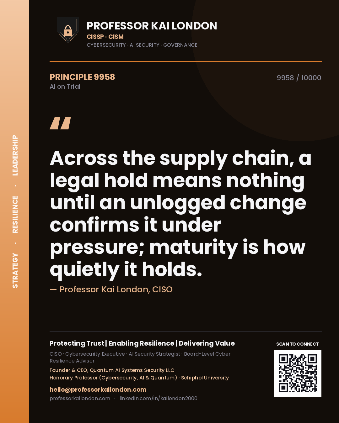Professor Kai London principle 9958: Across the supply chain, a legal hold means nothing until an unlogged change confirms it under pressure; maturity is how quietly it holds.