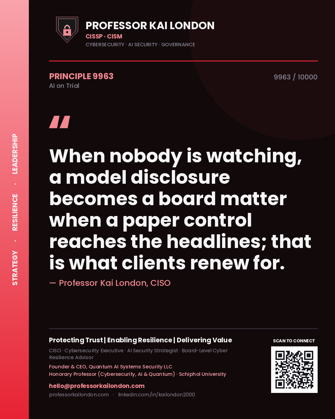 Professor Kai London principle 9963: When nobody is watching, a model disclosure becomes a board matter when a paper control reaches the headlines; that is what clients renew for.