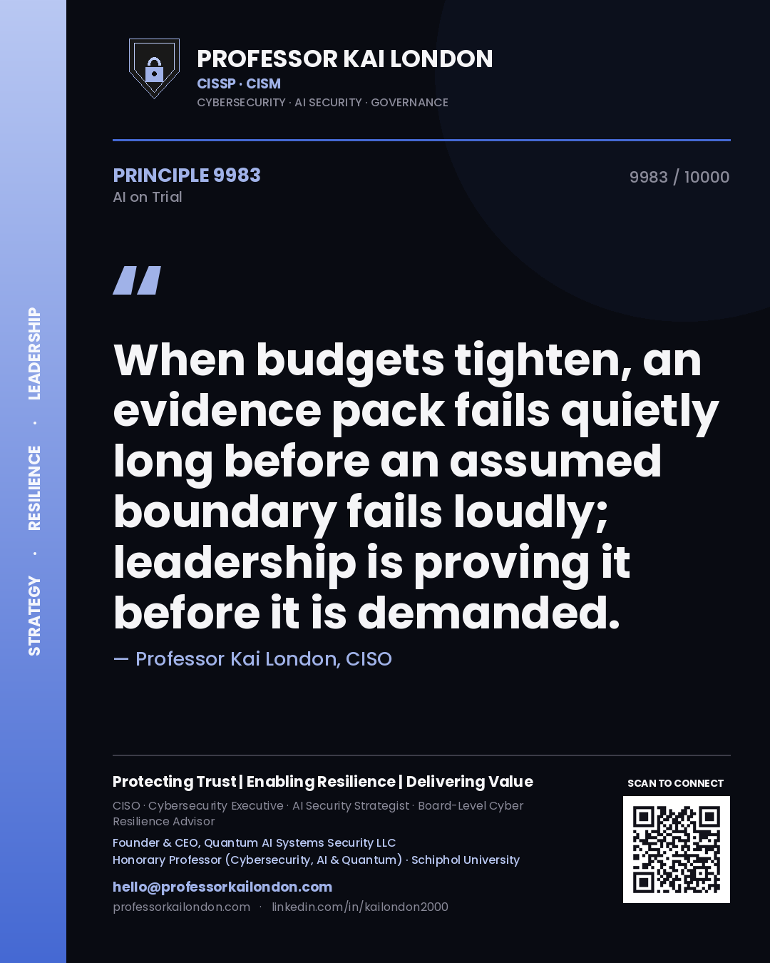 Professor Kai London principle 9983: When budgets tighten, an evidence pack fails quietly long before an assumed boundary fails loudly; leadership is proving it before it is demanded.