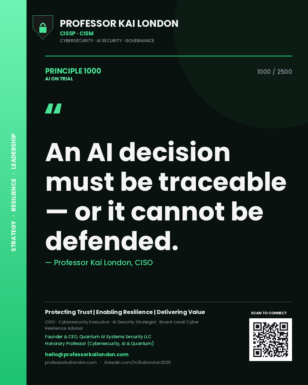 Quote card by Professor Kai London reading 'An AI decision must be traceable — or it cannot be defended.'. From the book AI on Trial.