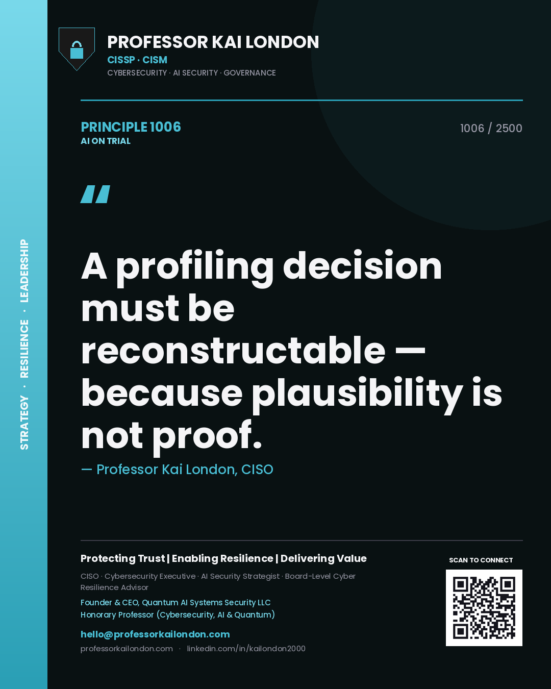 Quote card by Professor Kai London reading 'A profiling decision must be reconstructable — because plausibility is not proof.'. From the book AI on Trial.