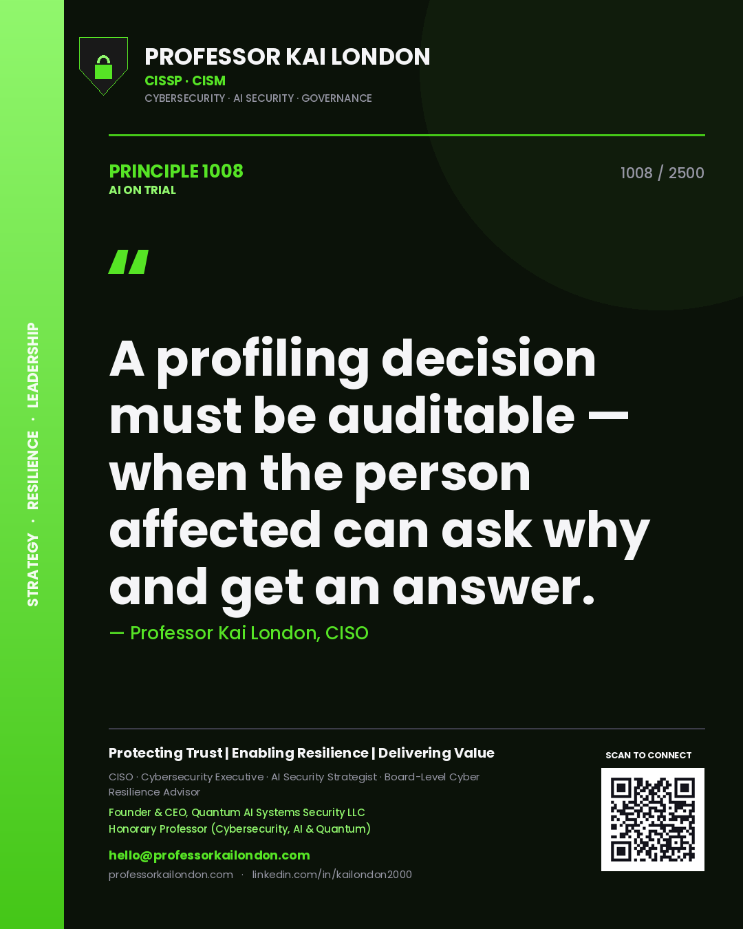 Quote card by Professor Kai London reading 'A profiling decision must be auditable — when the person affected can ask why and get an answer.'. From the book AI on Trial.