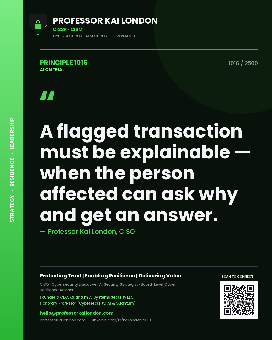 Quote card by Professor Kai London reading 'A flagged transaction must be explainable — when the person affected can ask why and get an answer.'. From the book AI on Trial.