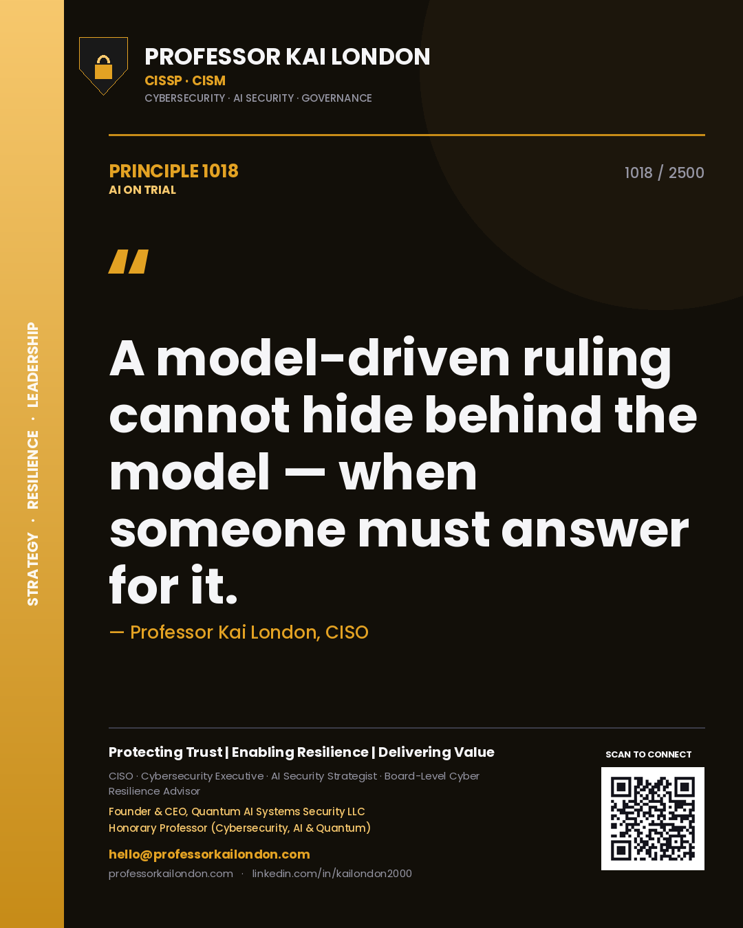 Quote card by Professor Kai London reading 'A model-driven ruling cannot hide behind the model — when someone must answer for it.'. From the book AI on Trial.