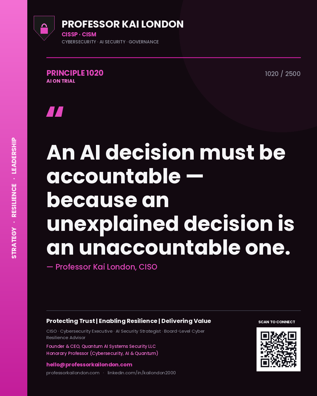 Quote card by Professor Kai London reading 'An AI decision must be accountable — because an unexplained decision is an unaccountable one.'. From the book AI on Trial.