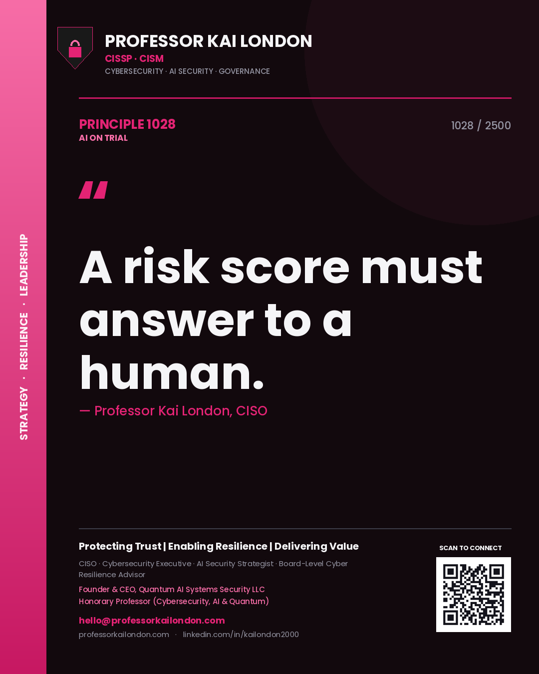 Quote card by Professor Kai London reading 'A risk score must answer to a human.'. From the book AI on Trial.