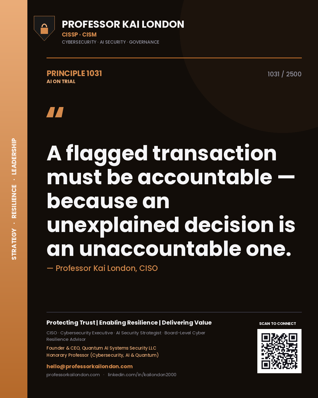 Quote card by Professor Kai London reading 'A flagged transaction must be accountable — because an unexplained decision is an unaccountable one.'. From the book AI on Trial.