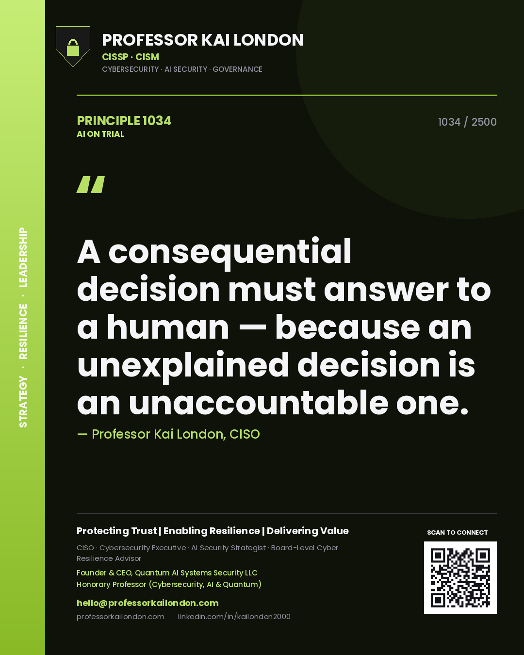 Quote card by Professor Kai London reading 'A consequential decision must answer to a human — because an unexplained decision is an unaccountable one.'. From the book AI on Trial.