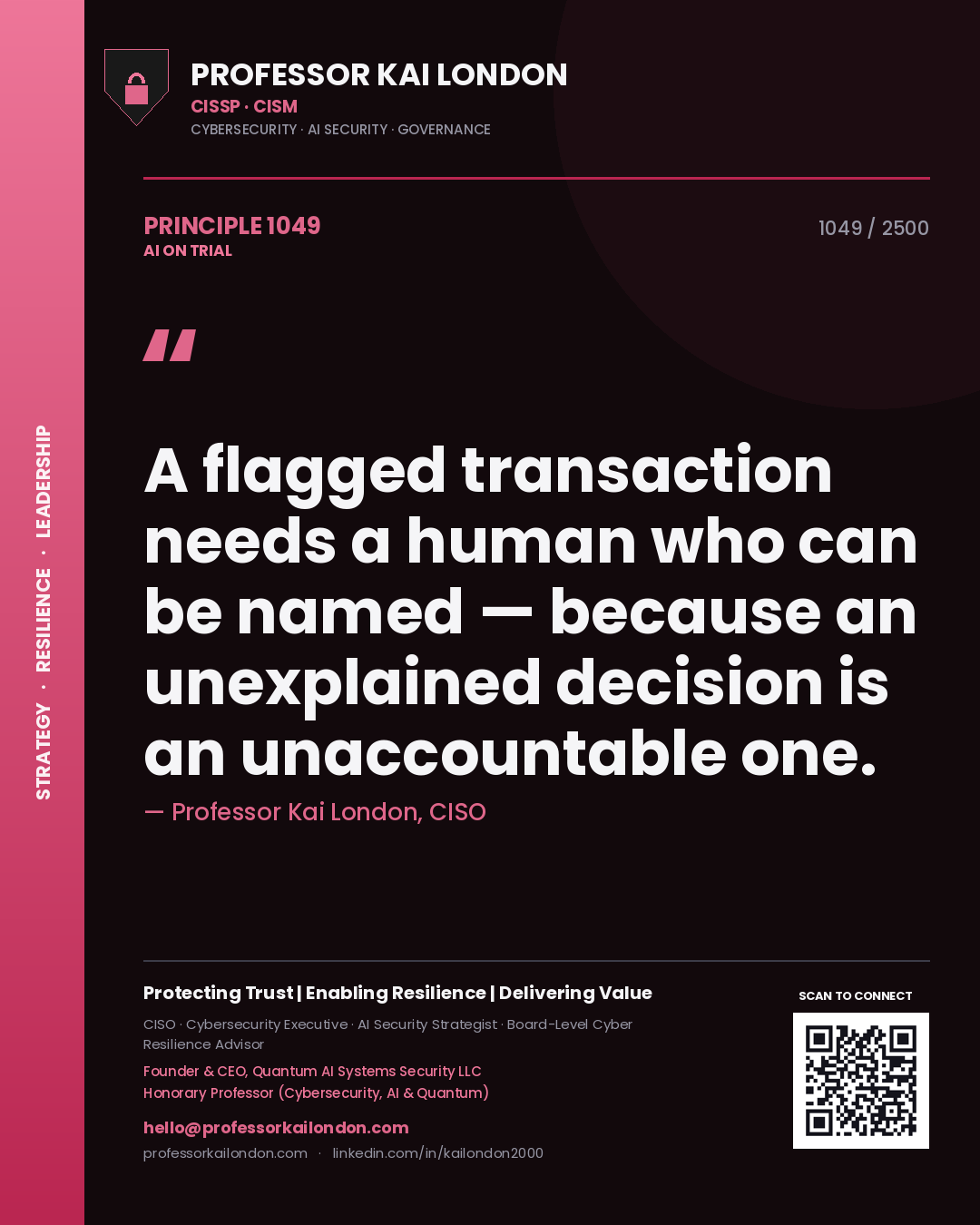 Quote card by Professor Kai London reading 'A flagged transaction needs a human who can be named — because an unexplained decision is an unaccountable one.'. From the book AI on Trial.