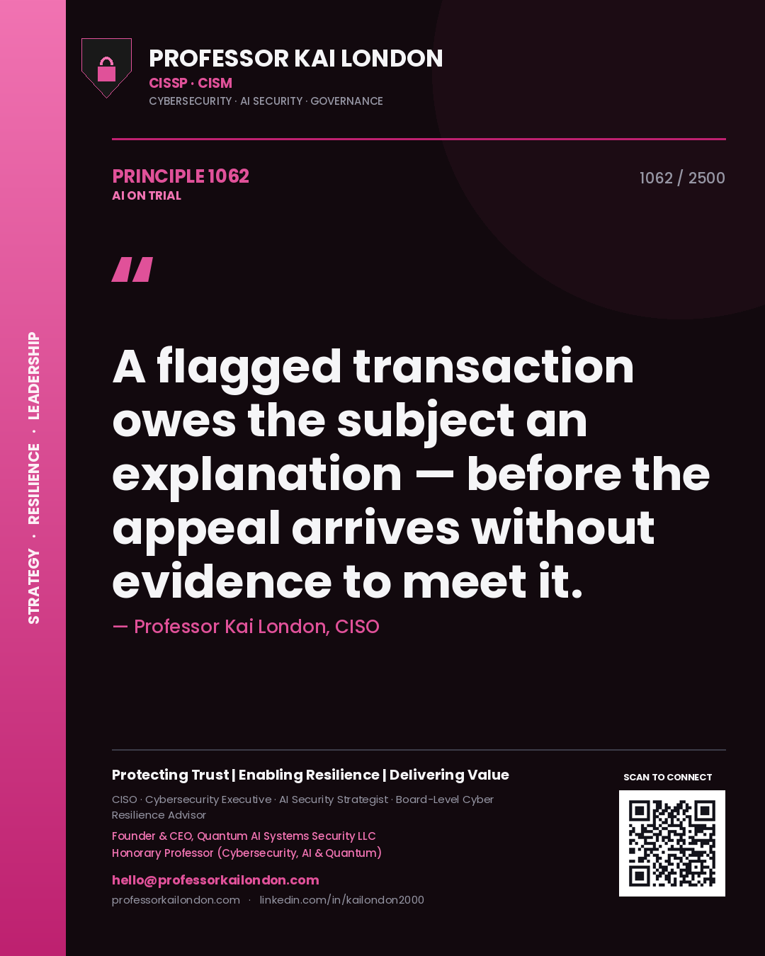 Quote card by Professor Kai London reading 'A flagged transaction owes the subject an explanation — before the appeal arrives without evidence to meet it.'. From the book AI on Trial.