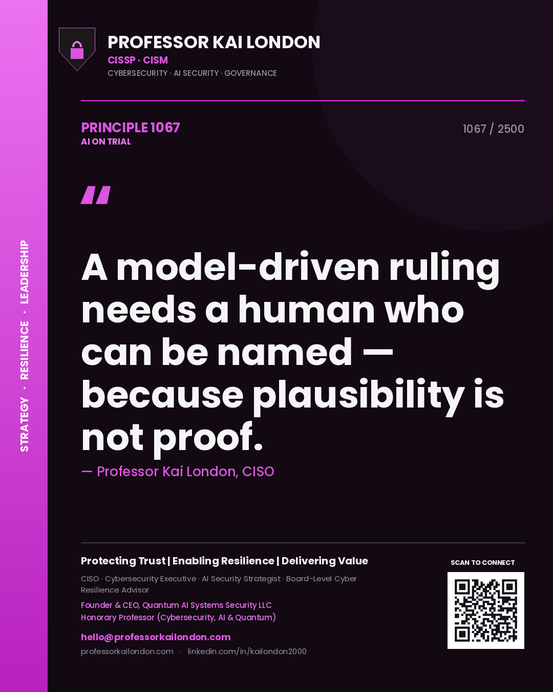 Quote card by Professor Kai London reading 'A model-driven ruling needs a human who can be named — because plausibility is not proof.'. From the book AI on Trial.
