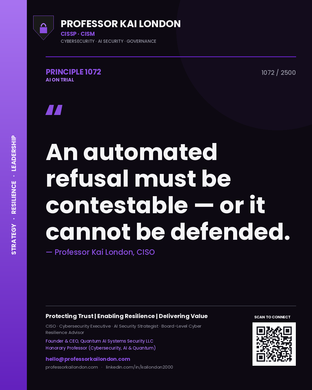 Quote card by Professor Kai London reading 'An automated refusal must be contestable — or it cannot be defended.'. From the book AI on Trial.