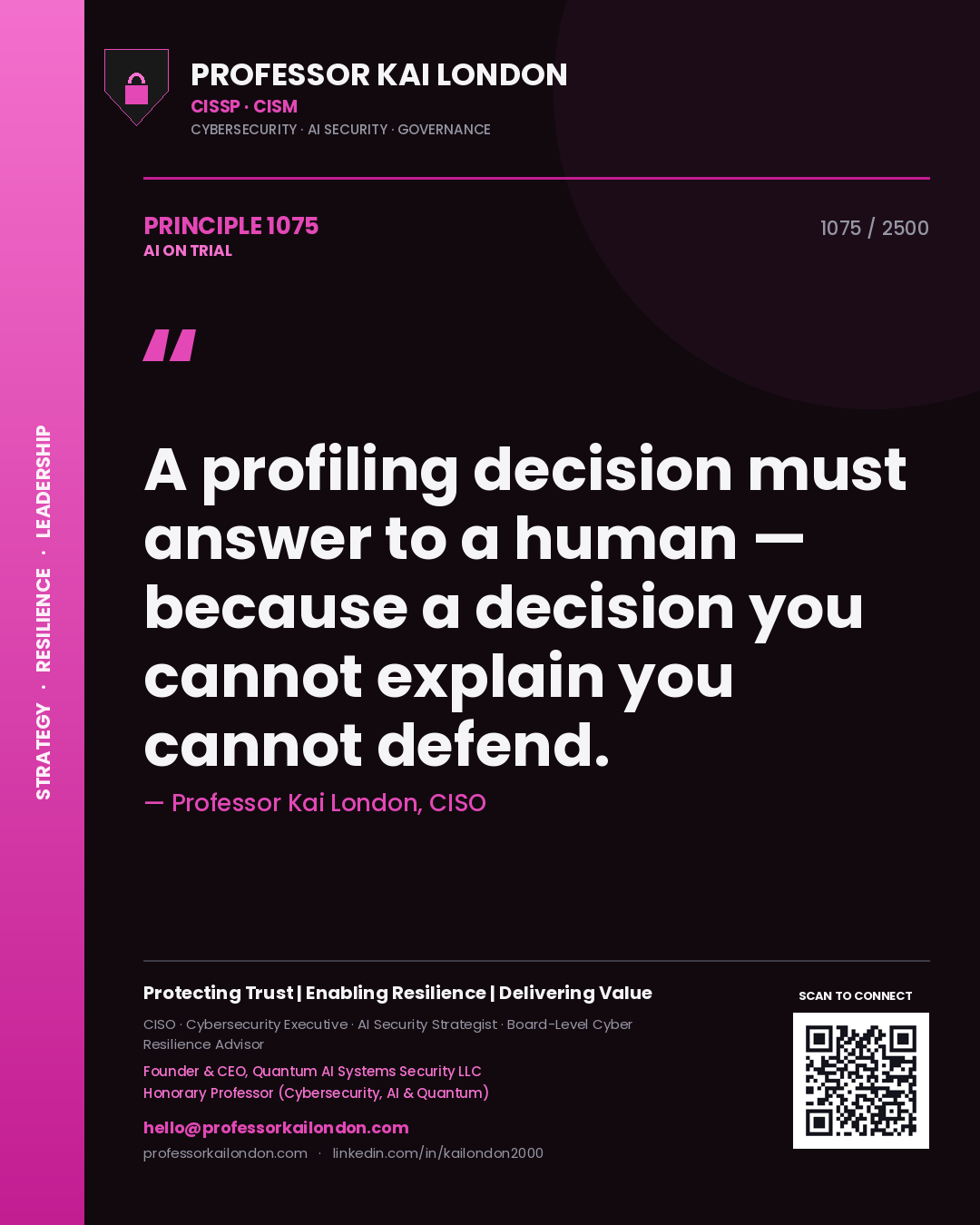Quote card by Professor Kai London reading 'A profiling decision must answer to a human — because a decision you cannot explain you cannot defend.'. From the book AI on Trial.