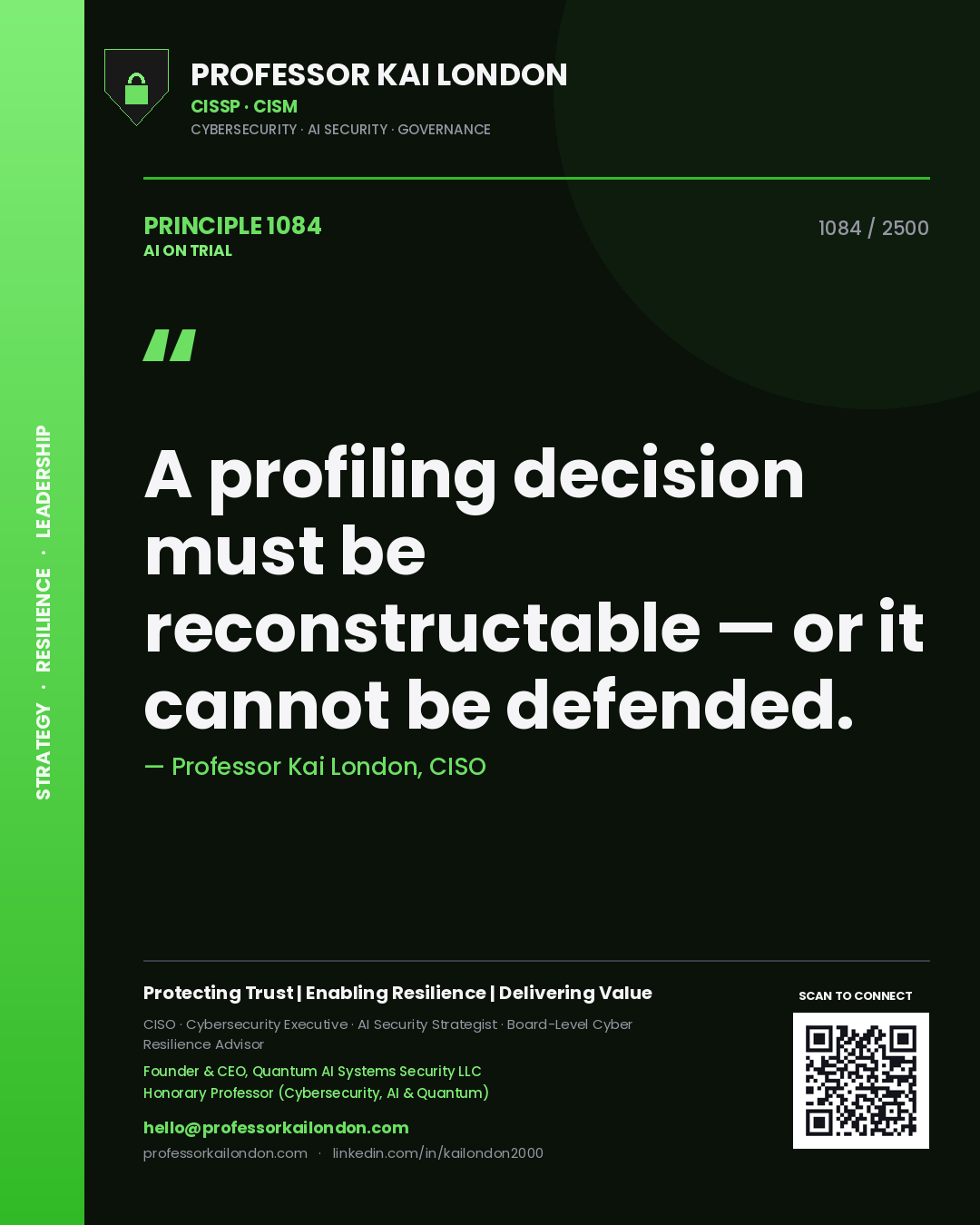 Quote card by Professor Kai London reading 'A profiling decision must be reconstructable — or it cannot be defended.'. From the book AI on Trial.