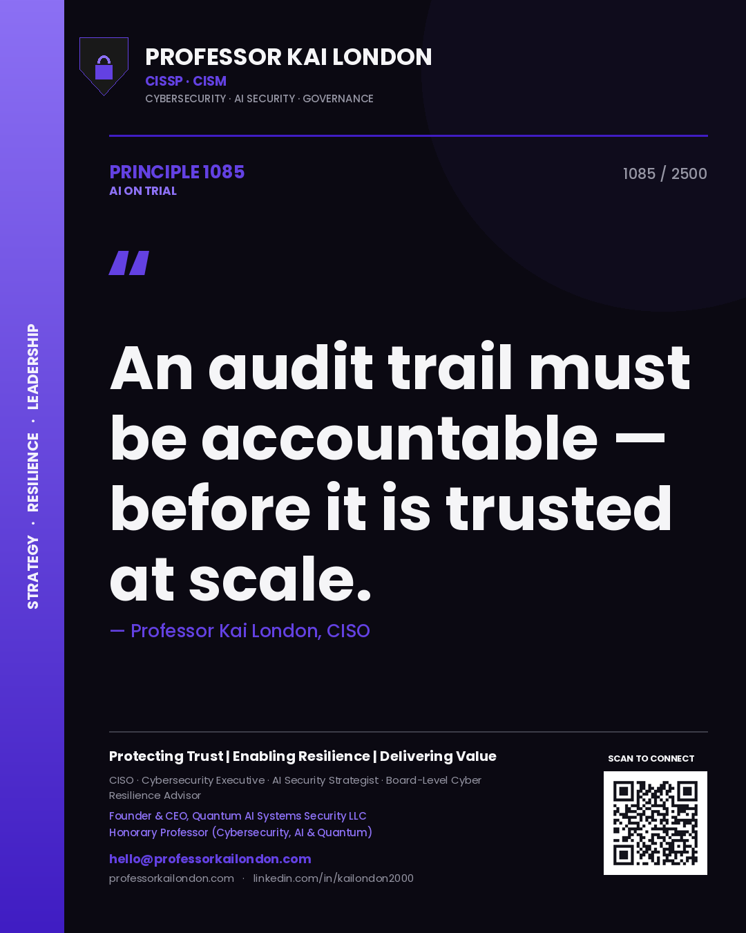 Quote card by Professor Kai London reading 'An audit trail must be accountable — before it is trusted at scale.'. From the book AI on Trial.