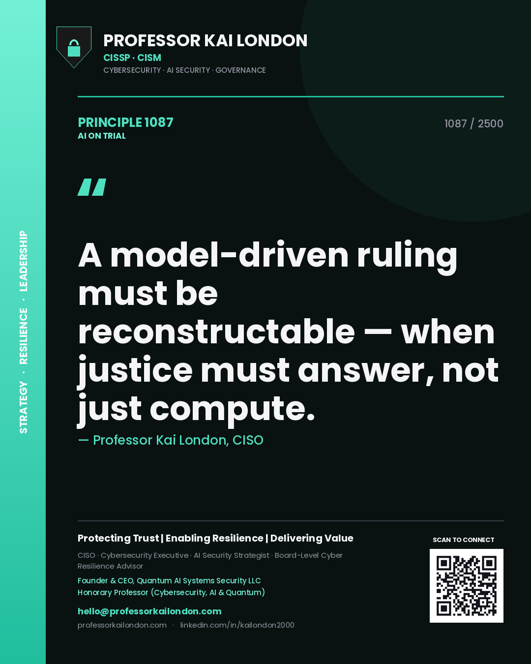 Quote card by Professor Kai London reading 'A model-driven ruling must be reconstructable — when justice must answer, not just compute.'. From the book AI on Trial.