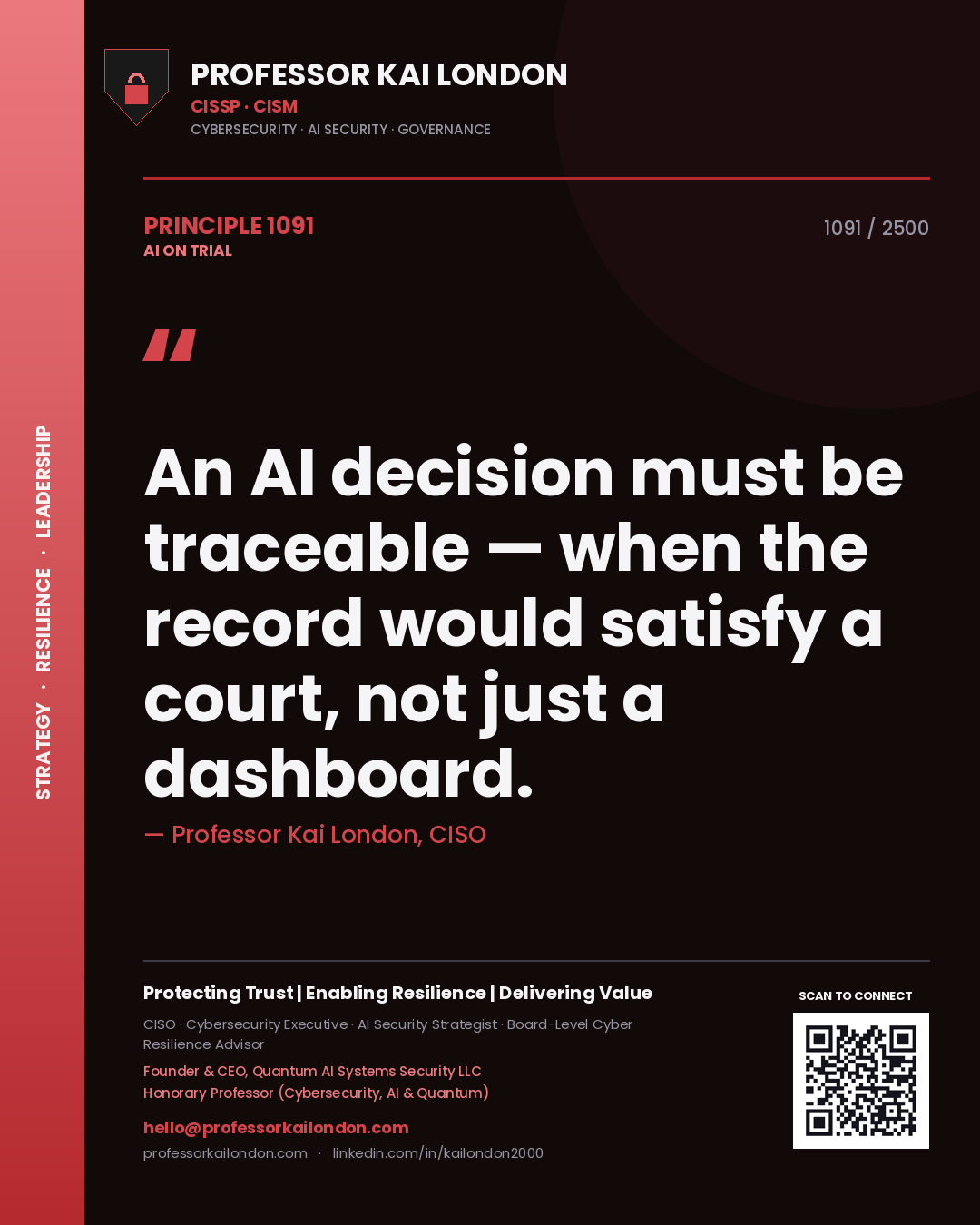 Quote card by Professor Kai London reading 'An AI decision must be traceable — when the record would satisfy a court, not just a dashboard.'. From the book AI on Trial.
