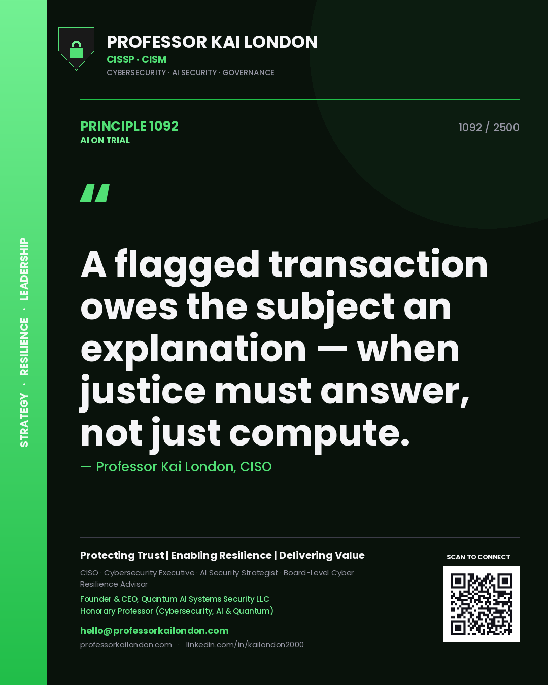 Quote card by Professor Kai London reading 'A flagged transaction owes the subject an explanation — when justice must answer, not just compute.'. From the book AI on Trial.