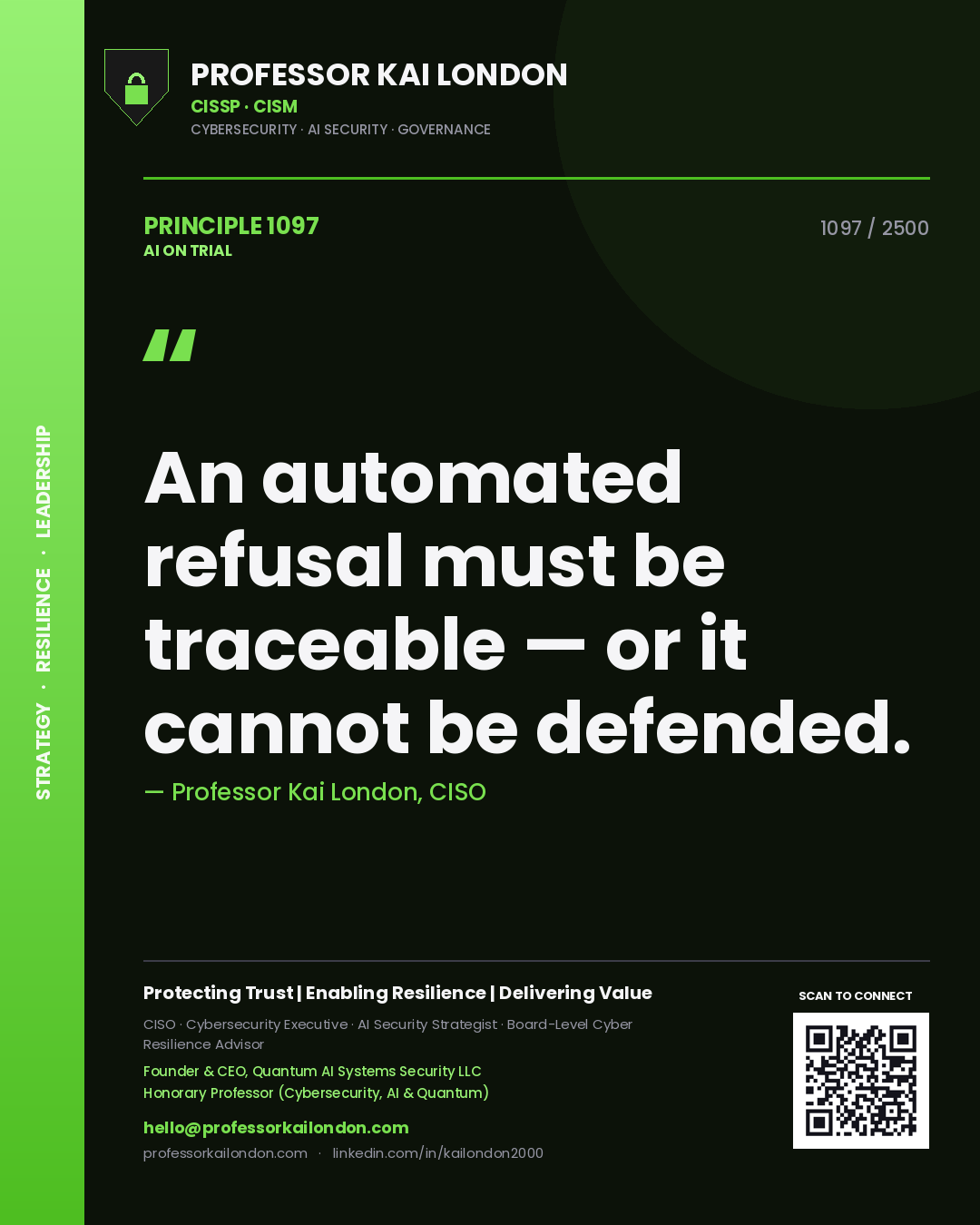 Quote card by Professor Kai London reading 'An automated refusal must be traceable — or it cannot be defended.'. From the book AI on Trial.
