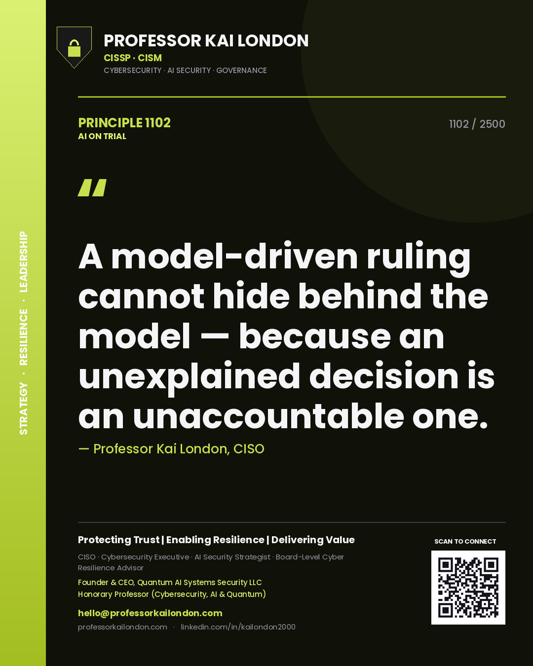 Quote card by Professor Kai London reading 'A model-driven ruling cannot hide behind the model — because an unexplained decision is an unaccountable one.'. From the book AI on Trial.