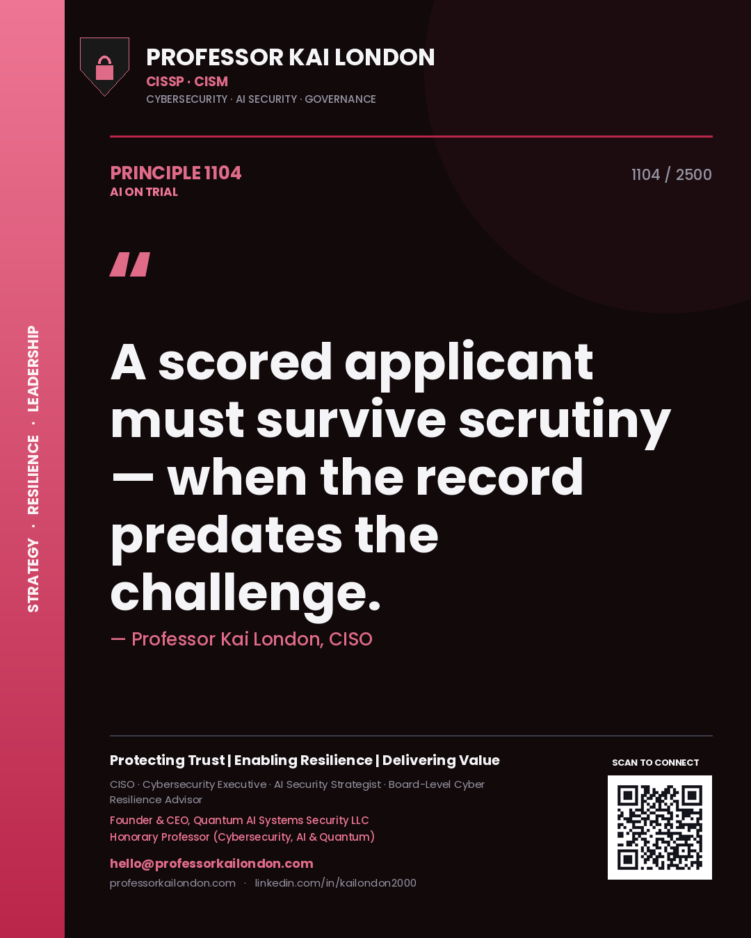 Professor Kai London principle 1104: A scored applicant must survive scrutiny — when the record predates the challenge.