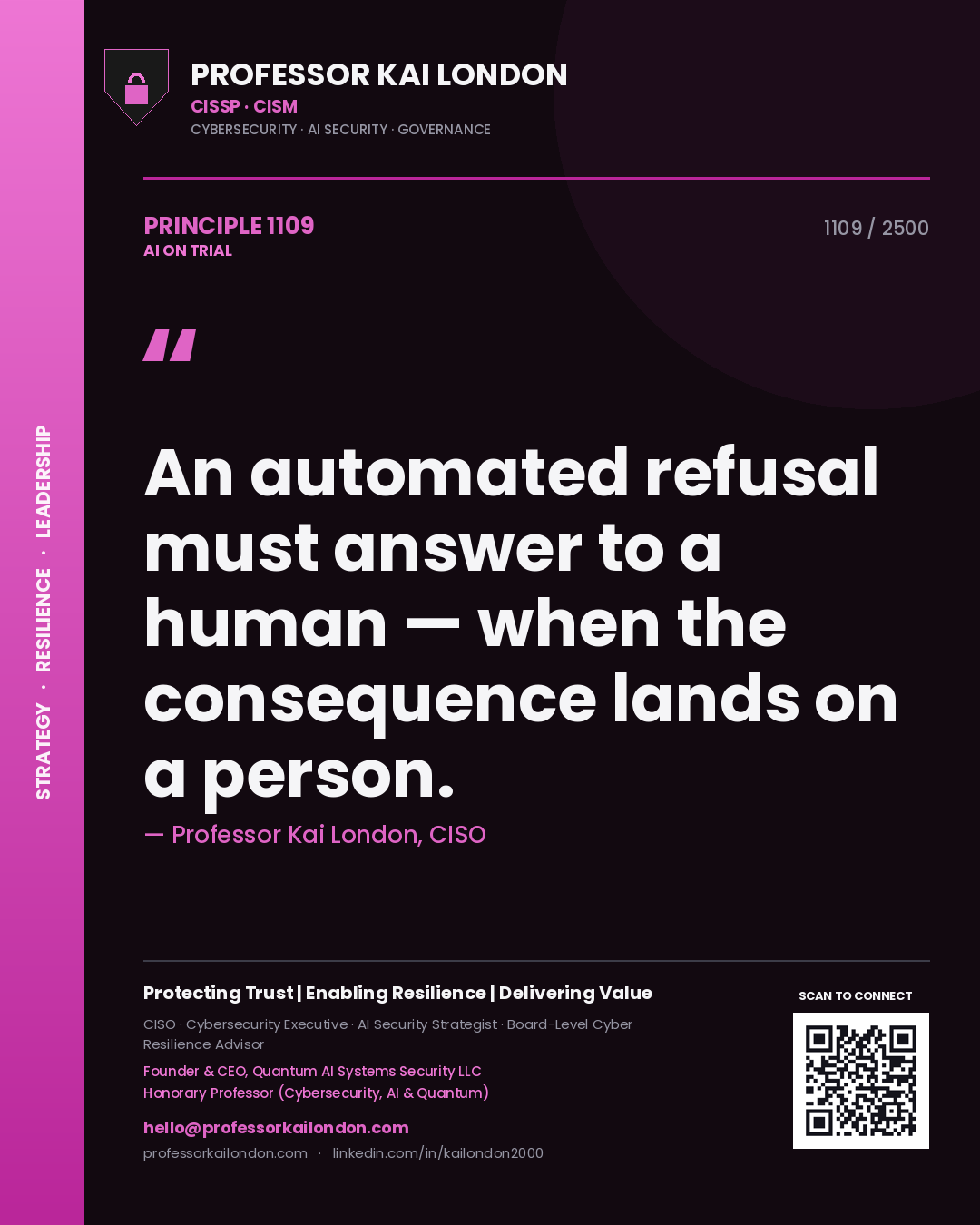Quote card by Professor Kai London reading 'An automated refusal must answer to a human — when the consequence lands on a person.'. From the book AI on Trial.