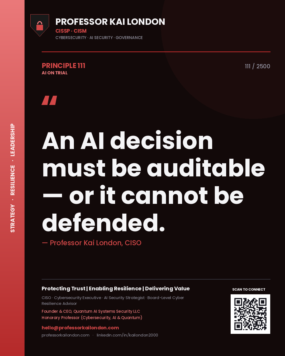 Quote card by Professor Kai London reading 'An AI decision must be auditable — or it cannot be defended.'. From the book AI on Trial.