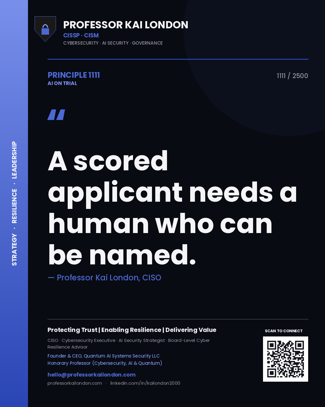 Quote card by Professor Kai London reading 'A scored applicant needs a human who can be named.'. From the book AI on Trial.