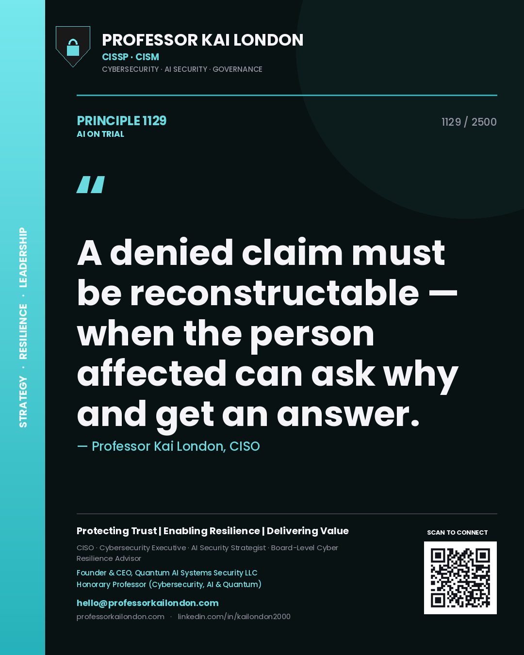 Quote card by Professor Kai London reading 'A denied claim must be reconstructable — when the person affected can ask why and get an answer.'. From the book AI on Trial.