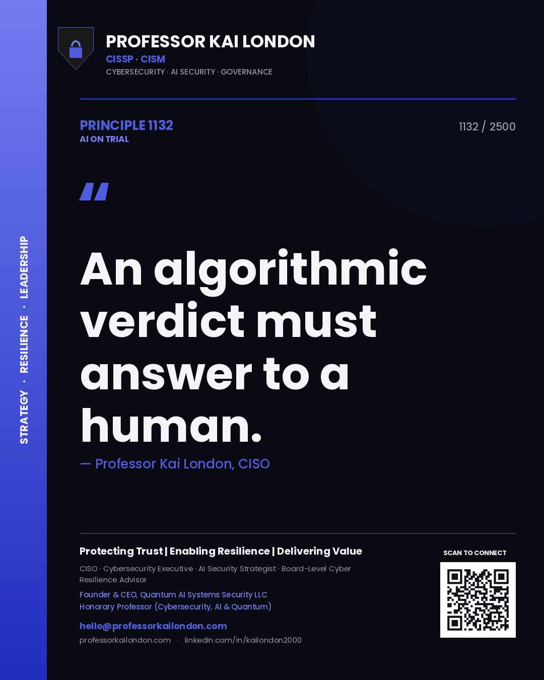 Quote card by Professor Kai London reading 'An algorithmic verdict must answer to a human.'. From the book AI on Trial.