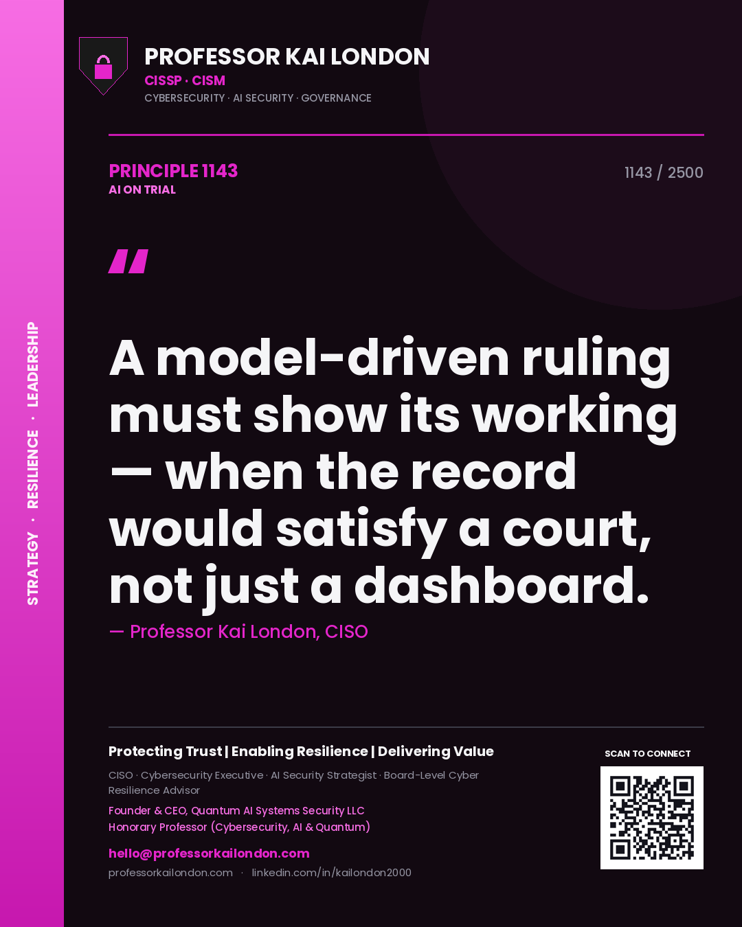 Quote card by Professor Kai London reading 'A model-driven ruling must show its working — when the record would satisfy a court, not just a dashboard.'. From the book AI on Trial.