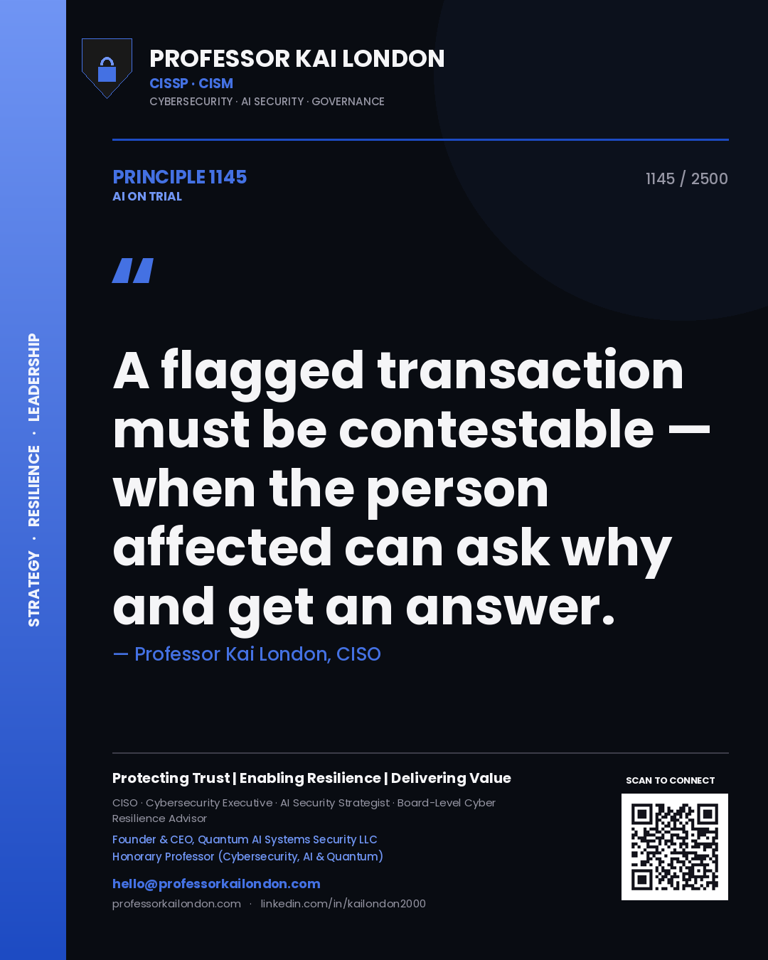 Quote card by Professor Kai London reading 'A flagged transaction must be contestable — when the person affected can ask why and get an answer.'. From the book AI on Trial.