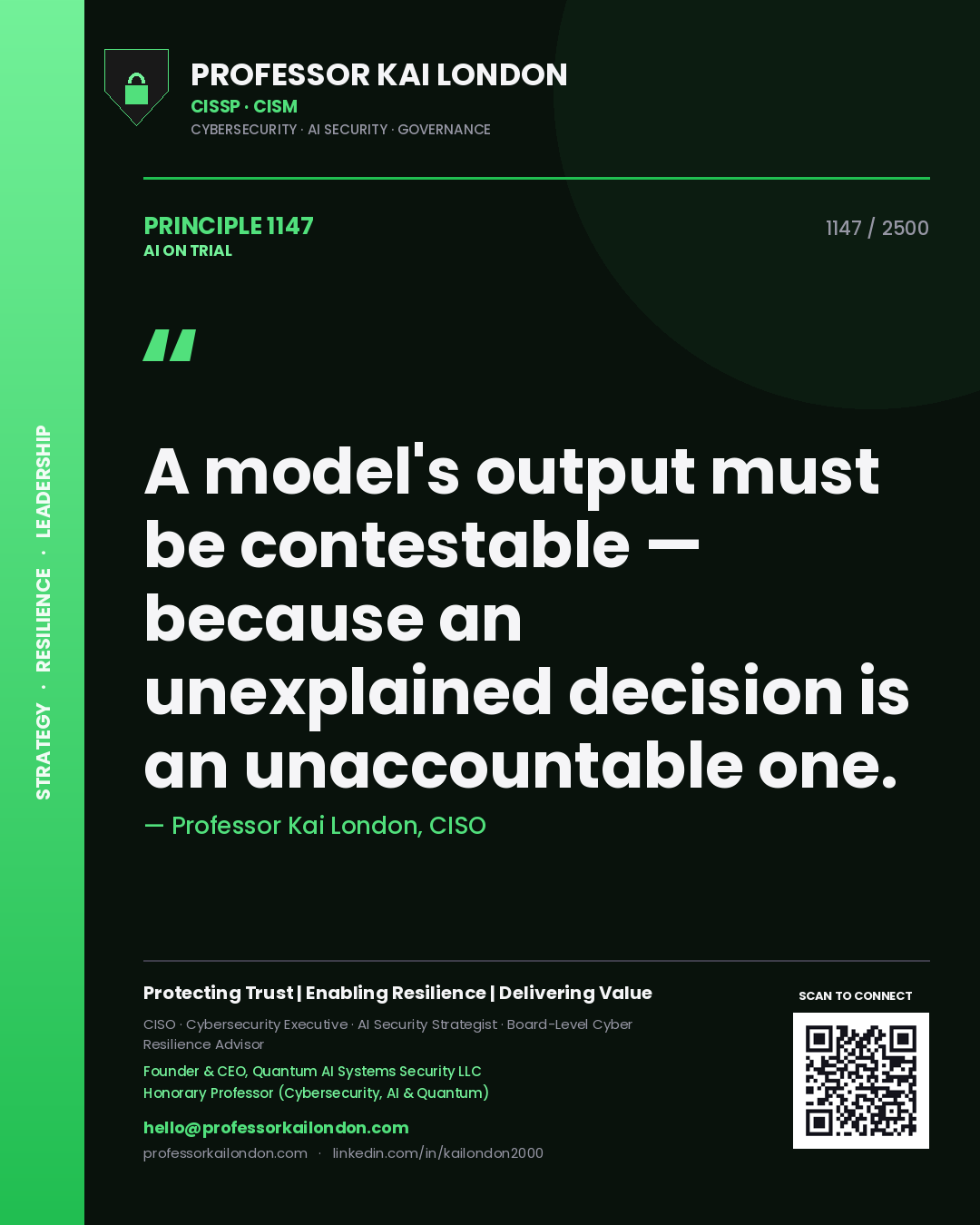 Quote card by Professor Kai London reading 'A model's output must be contestable — because an unexplained decision is an unaccountable one.'. From the book AI on Trial.