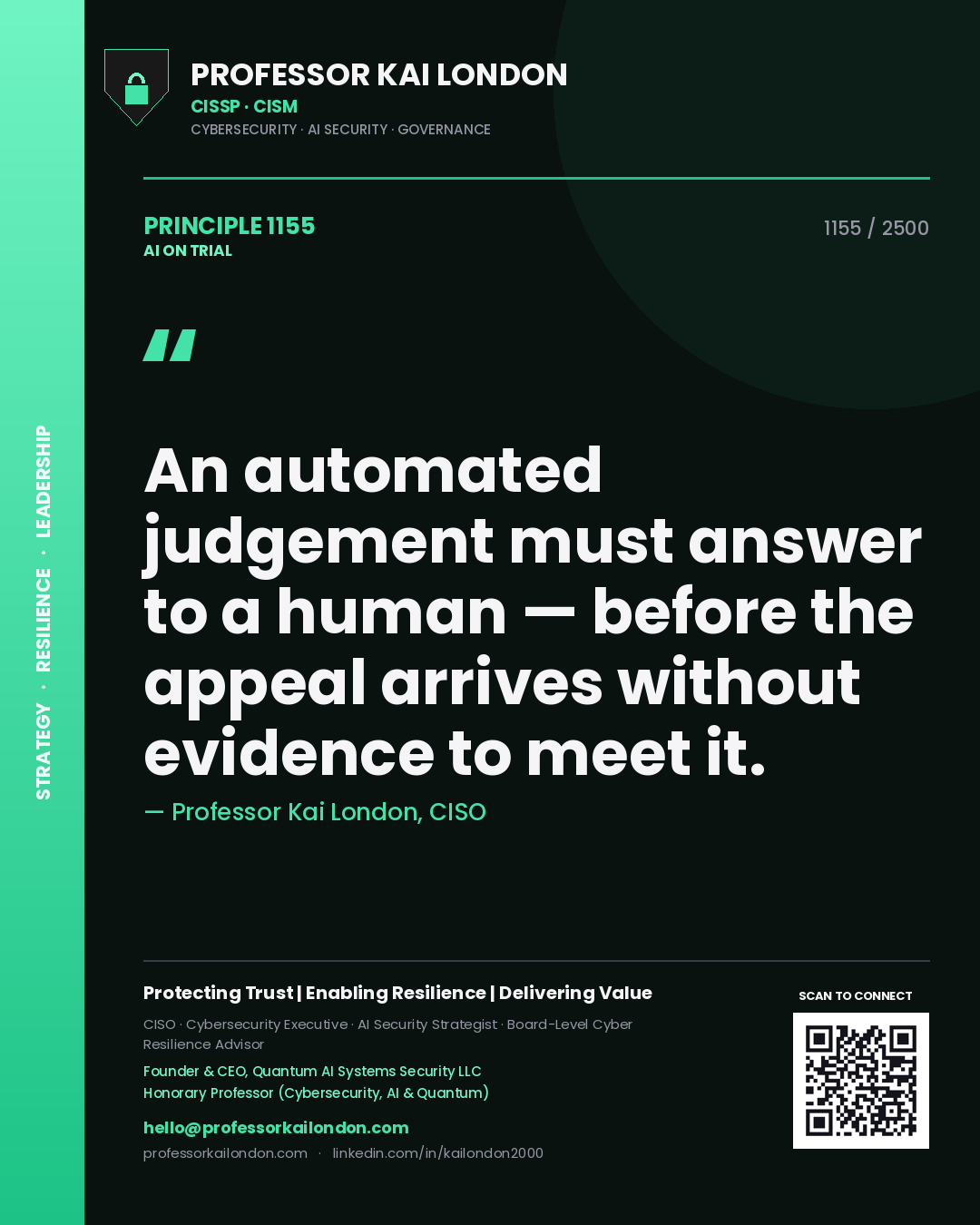 Quote card by Professor Kai London reading 'An automated judgement must answer to a human — before the appeal arrives without evidence to meet it.'. From the book AI on Trial.