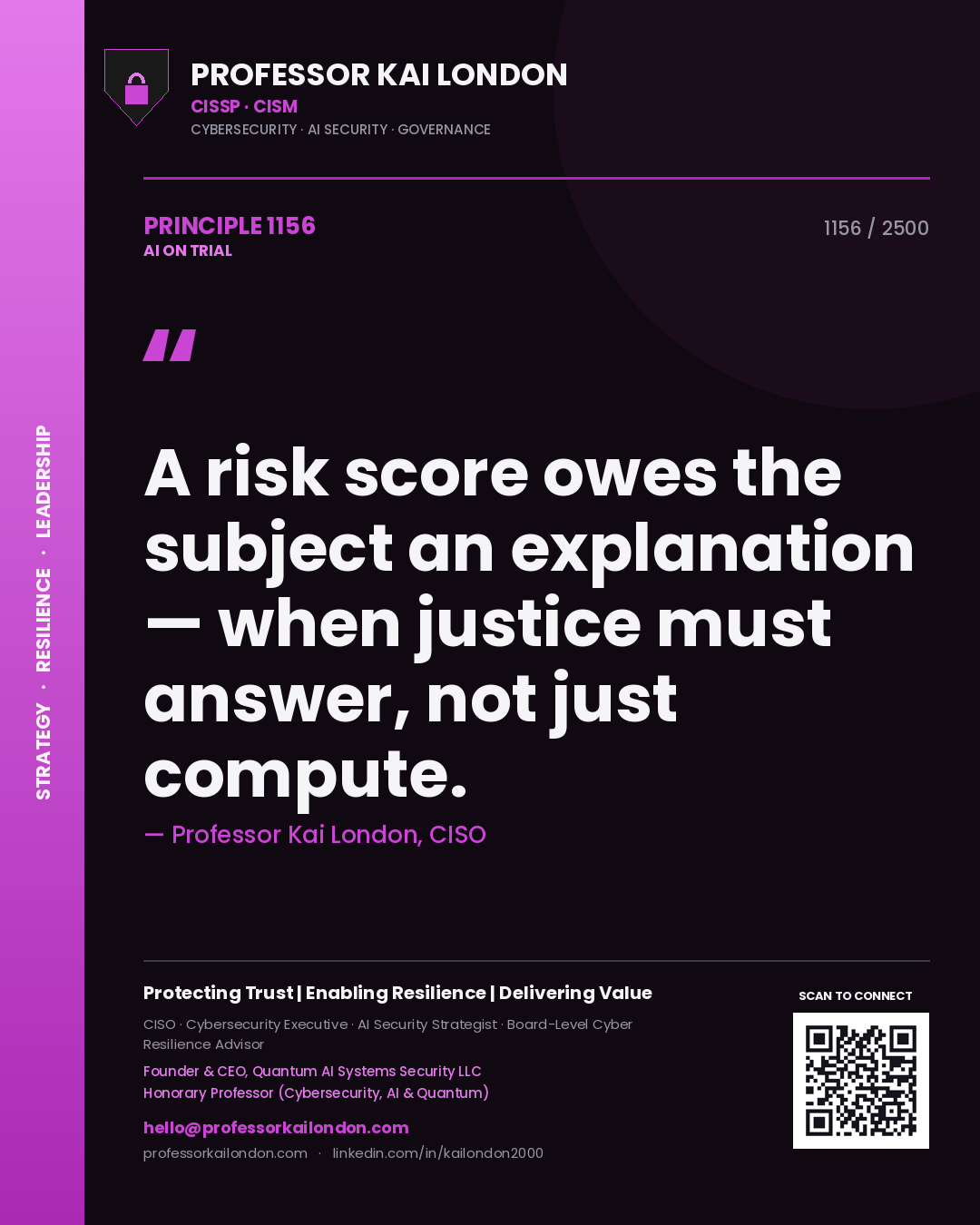 Professor Kai London principle 1156: A risk score owes the subject an explanation — when justice must answer, not just compute.