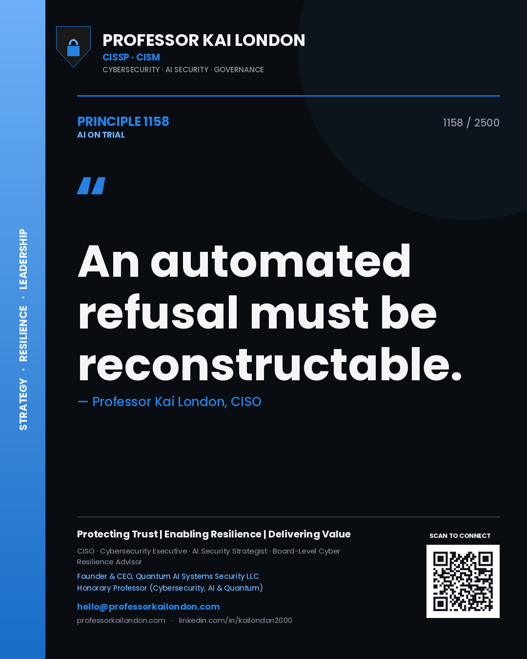 Quote card by Professor Kai London reading 'An automated refusal must be reconstructable.'. From the book AI on Trial.