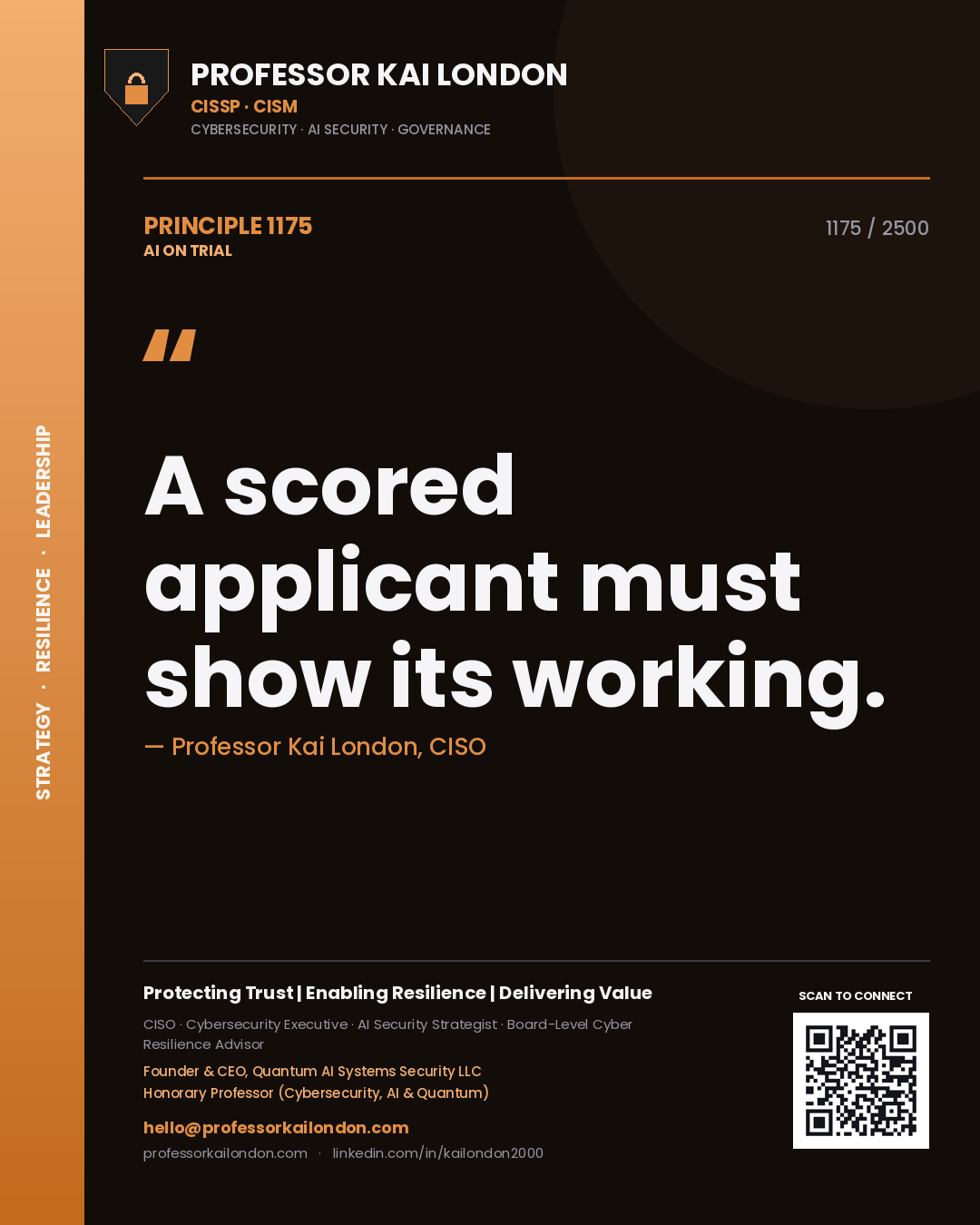 Quote card by Professor Kai London reading 'A scored applicant must show its working.'. From the book AI on Trial.