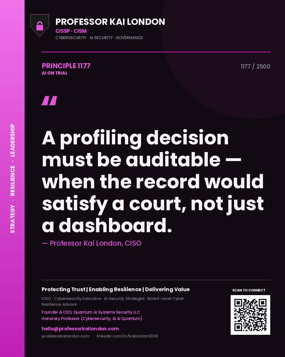 Quote card by Professor Kai London reading 'A profiling decision must be auditable — when the record would satisfy a court, not just a dashboard.'. From the book AI on Trial.