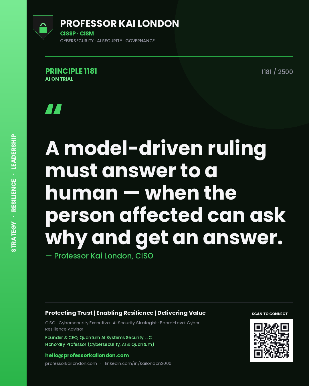 Quote card by Professor Kai London reading 'A model-driven ruling must answer to a human — when the person affected can ask why and get an answer.'. From the book AI on Trial.