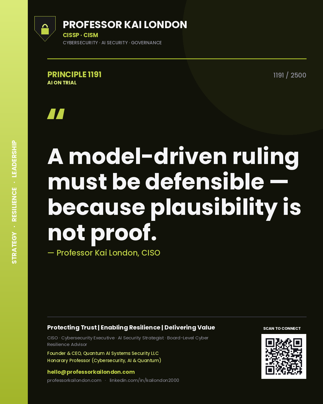 Quote card by Professor Kai London reading 'A model-driven ruling must be defensible — because plausibility is not proof.'. From the book AI on Trial.