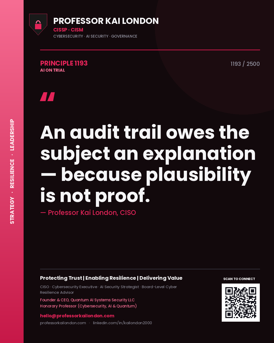Quote card by Professor Kai London reading 'An audit trail owes the subject an explanation — because plausibility is not proof.'. From the book AI on Trial.
