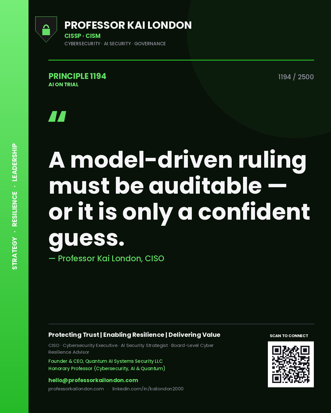 Quote card by Professor Kai London reading 'A model-driven ruling must be auditable — or it is only a confident guess.'. From the book AI on Trial.