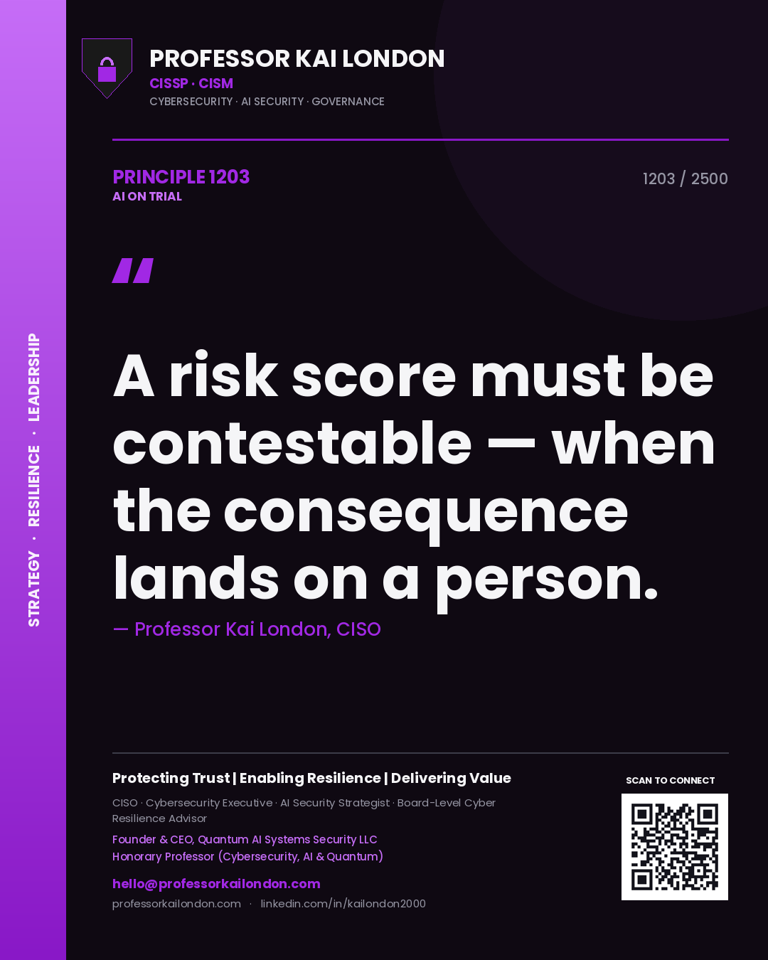 Quote card by Professor Kai London reading 'A risk score must be contestable — when the consequence lands on a person.'. From the book AI on Trial.