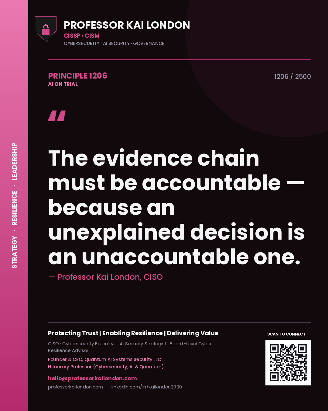 Quote card by Professor Kai London reading 'The evidence chain must be accountable — because an unexplained decision is an unaccountable one.'. From the book AI on Trial.