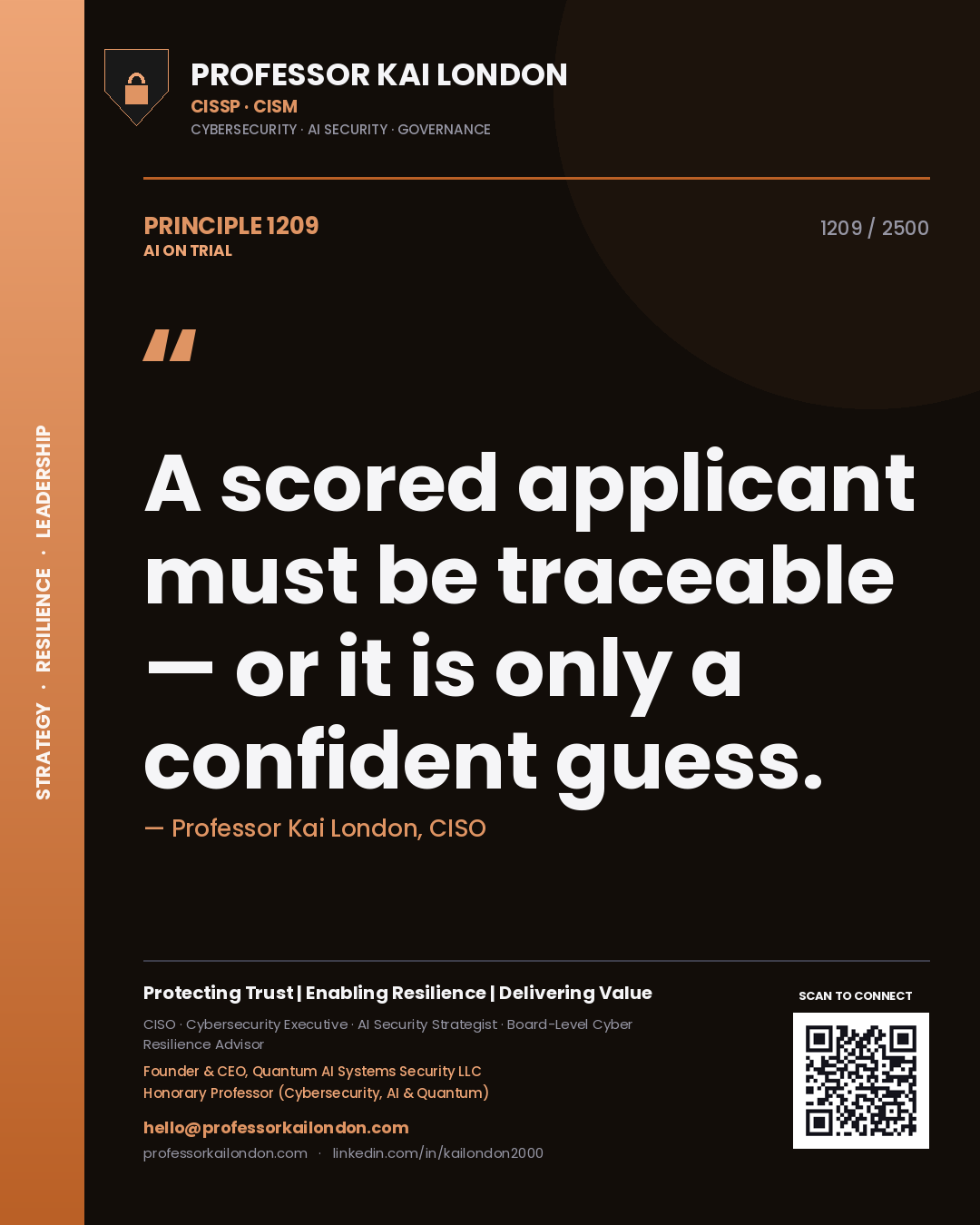 Professor Kai London principle 1209: A scored applicant must be traceable — or it is only a confident guess.