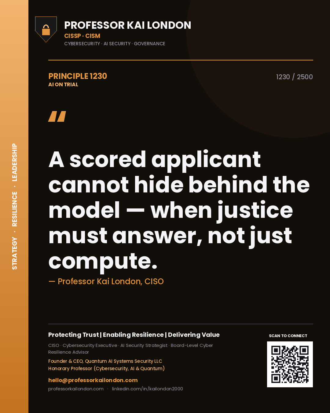 Quote card by Professor Kai London reading 'A scored applicant cannot hide behind the model — when justice must answer, not just compute.'. From the book AI on Trial.